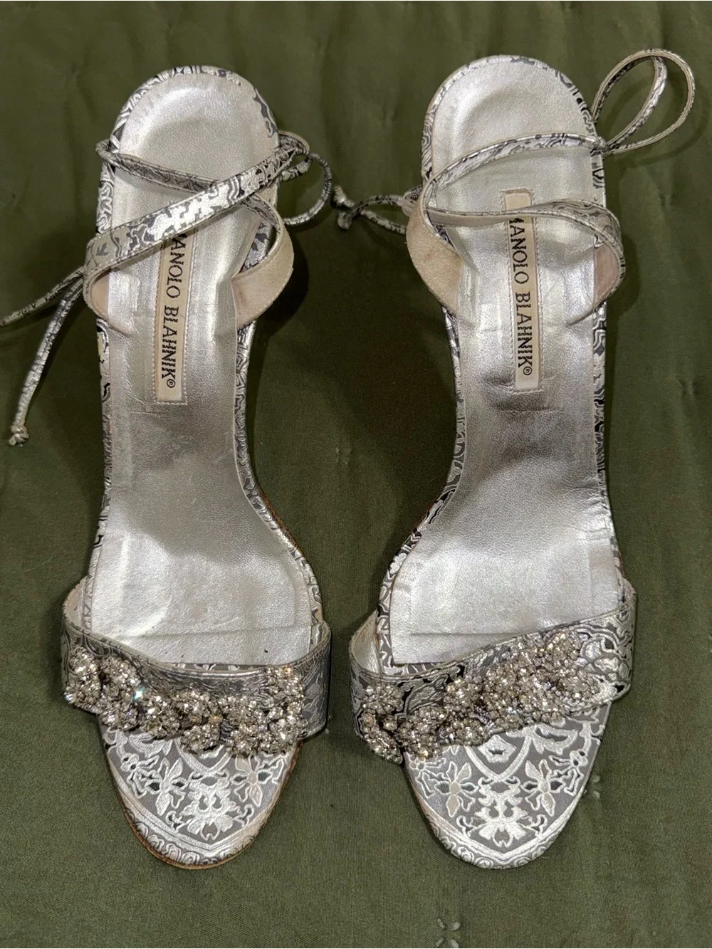 Manolo Blahnik Silver Crystal-Embellished Lace Ankle-Tie Sandals size 40